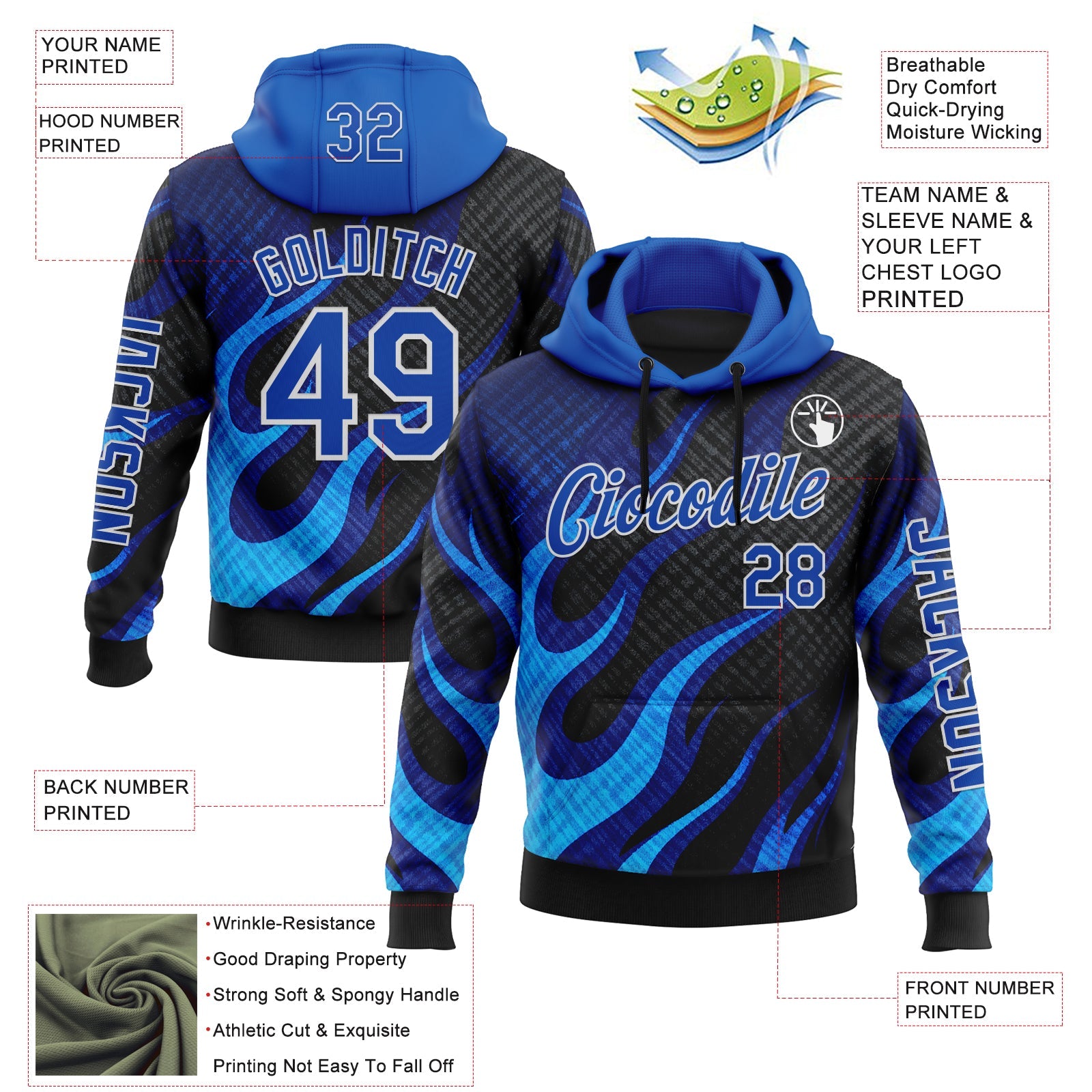 Custom Black Thunder Blue-White 3D Abstract Flame Sports Pullover Sweatshirt Hoodie view 2