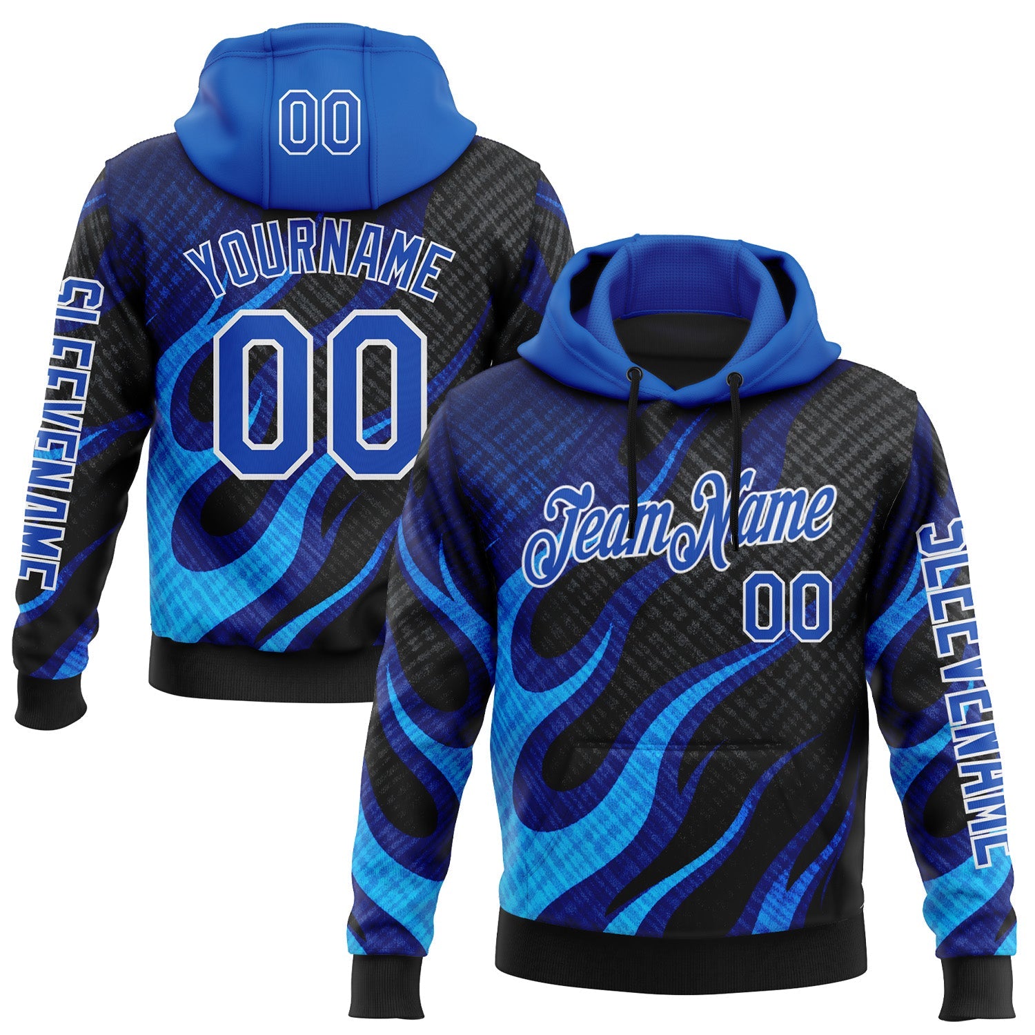 Custom Black Thunder Blue-White 3D Abstract Flame Sports Pullover Sweatshirt Hoodie - Main View