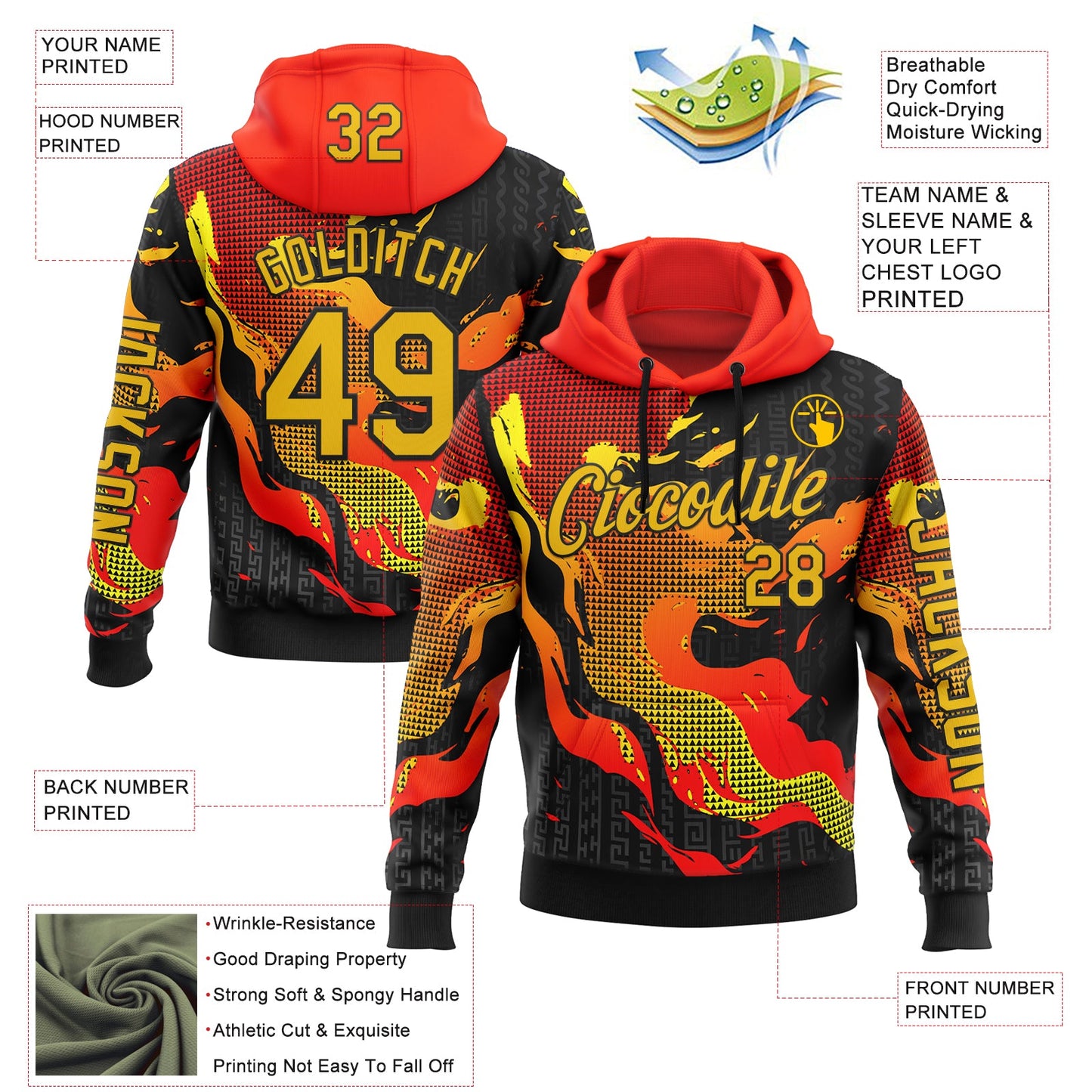 Custom Red Yellow-Black 3D Abstract Flame Sports Pullover Sweatshirt Hoodie view 2