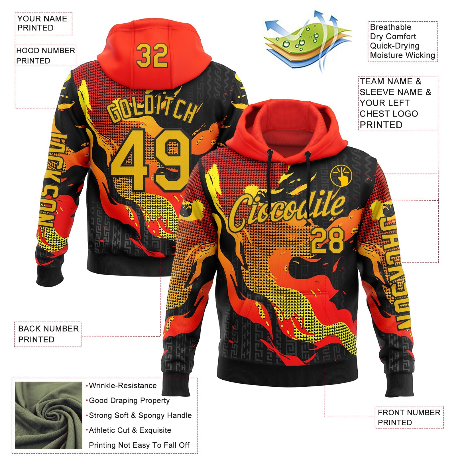Custom Red Yellow-Black 3D Abstract Flame Sports Pullover Sweatshirt Hoodie view 2