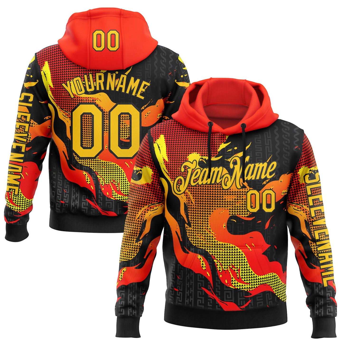 Custom Red Yellow-Black 3D Abstract Flame Sports Pullover Sweatshirt Hoodie - Main View