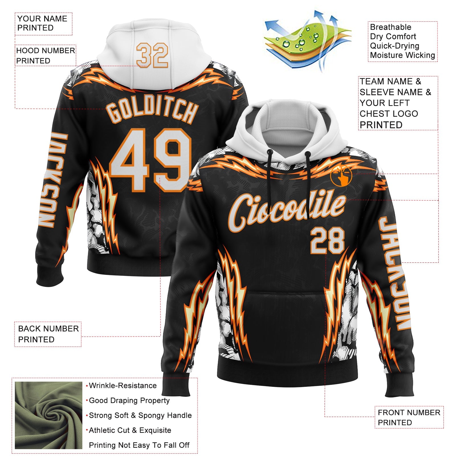 Custom Black White-Bay Orange 3D Abstract Flame Sports Pullover Sweatshirt Hoodie view 2