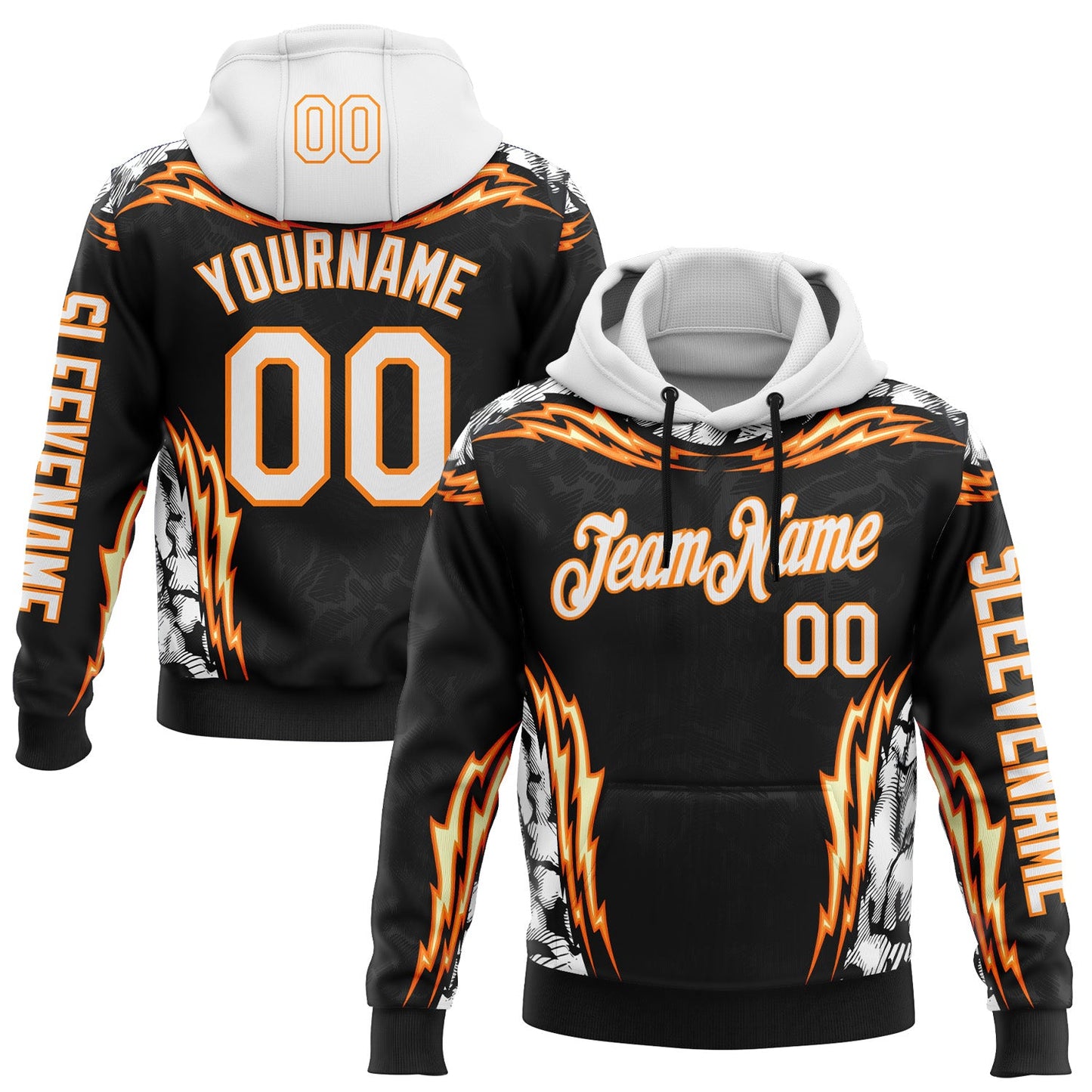 Custom Black White-Bay Orange 3D Abstract Flame Sports Pullover Sweatshirt Hoodie - Main View