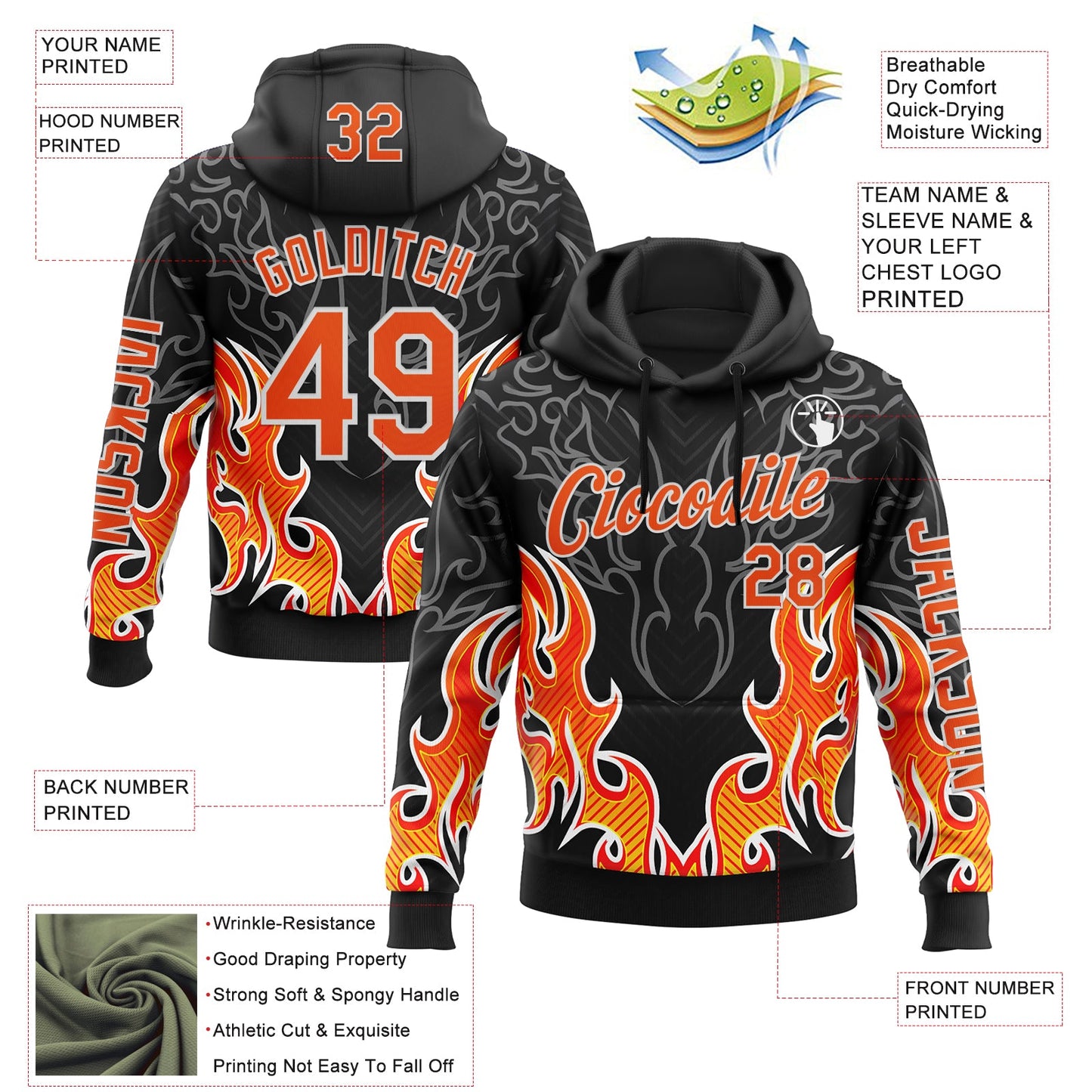 Custom Black Orange-White 3D Abstract Flame Sports Pullover Sweatshirt Hoodie view 2