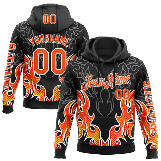 Custom Black Orange-White 3D Abstract Flame Sports Pullover Sweatshirt Hoodie - Main View