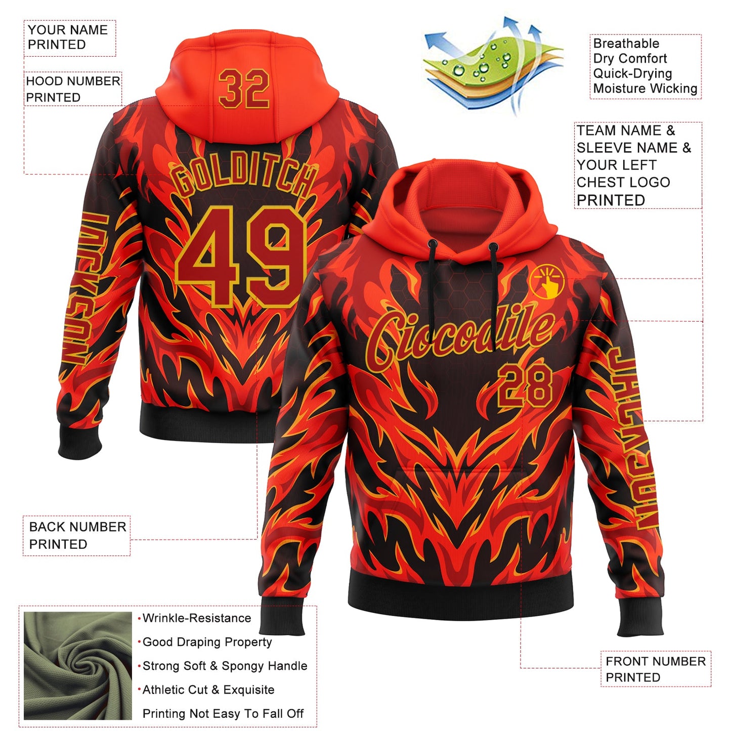 Custom Red Black-Yellow 3D Abstract Flame Sports Pullover Sweatshirt Hoodie view 2