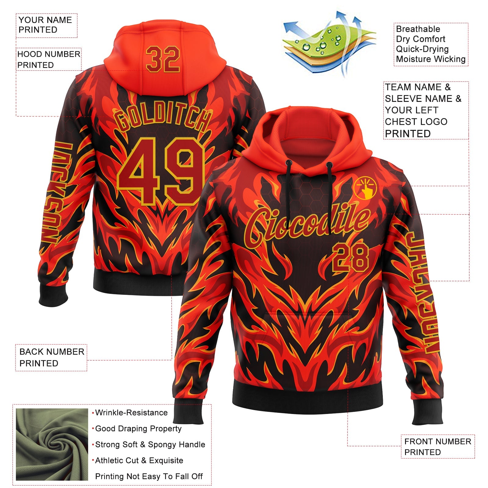 Custom Red Black-Yellow 3D Abstract Flame Sports Pullover Sweatshirt Hoodie view 2
