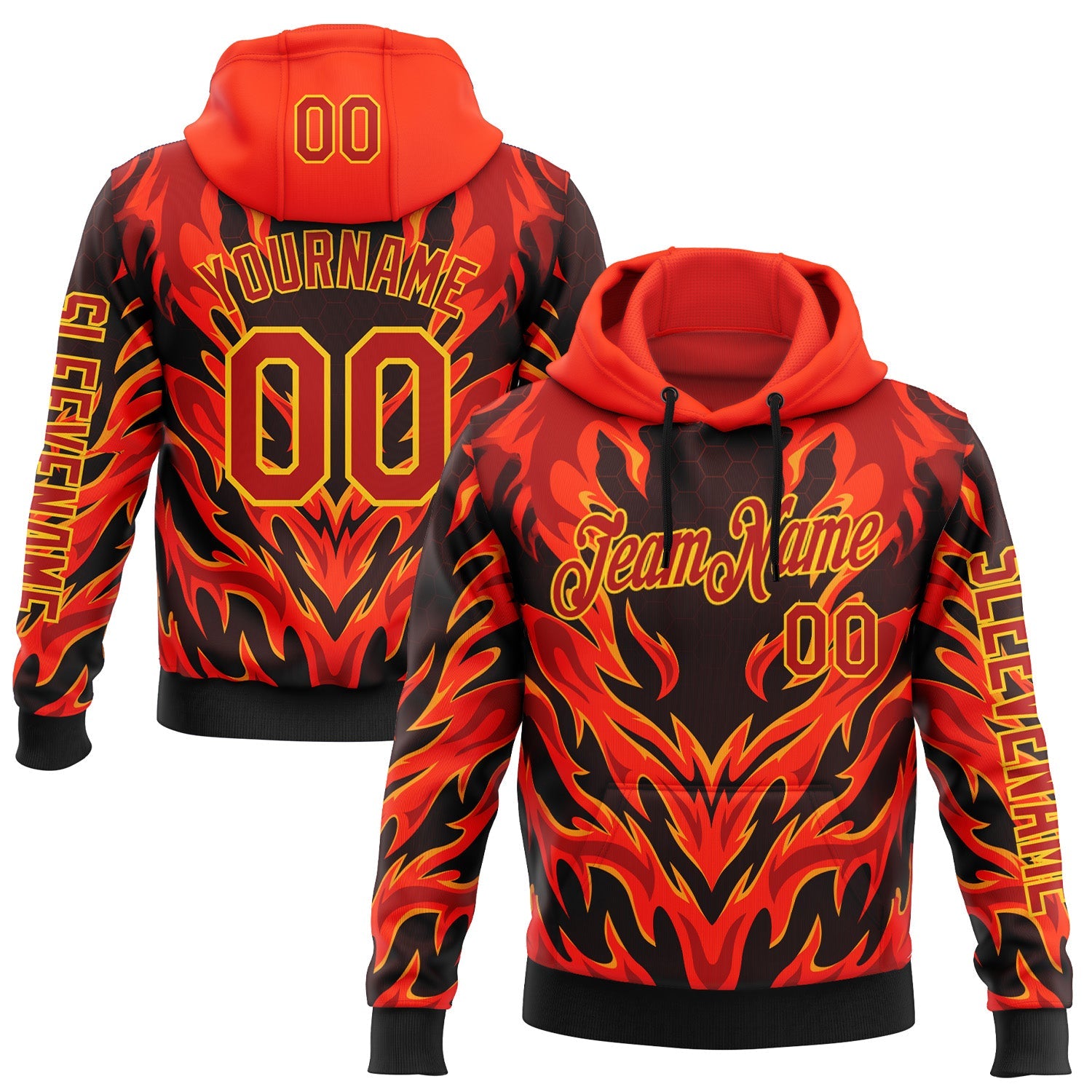 Custom Red Black-Yellow 3D Abstract Flame Sports Pullover Sweatshirt Hoodie - Main View