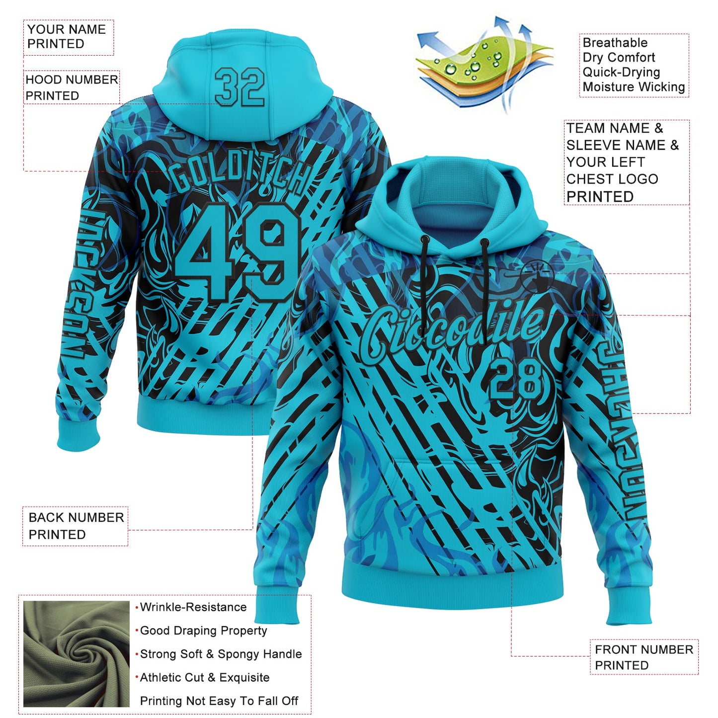 Custom Lakes Blue Black 3D Abstract Flame Sports Pullover Sweatshirt Hoodie view 2