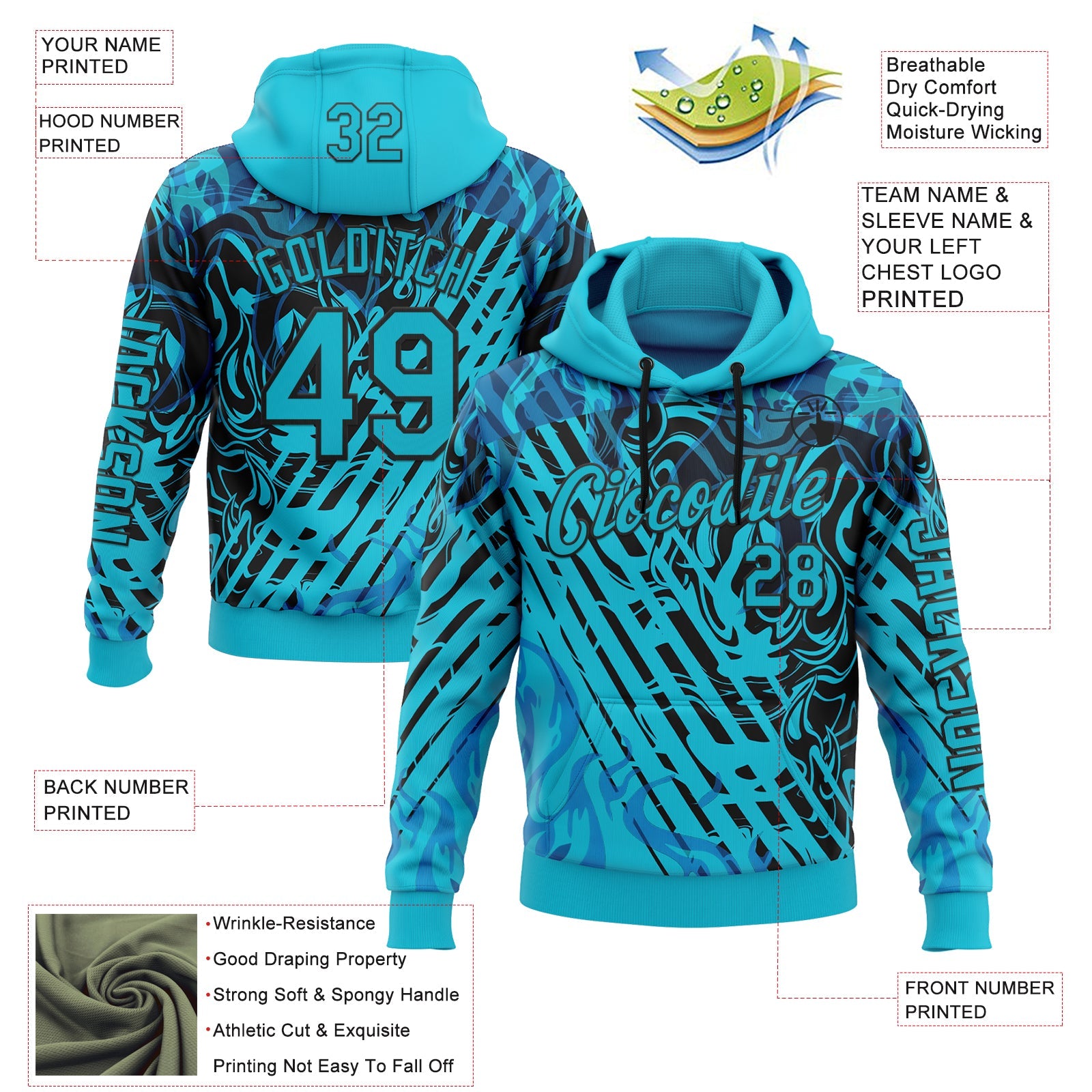 Custom Lakes Blue Black 3D Abstract Flame Sports Pullover Sweatshirt Hoodie view 2