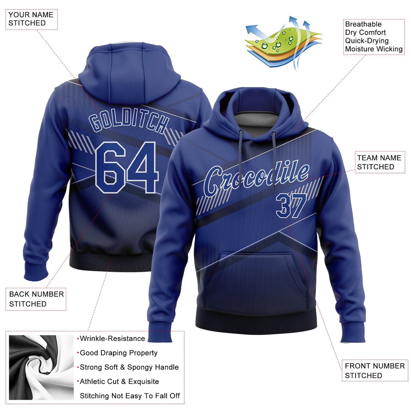 Custom Stitched Black Royal-White 3D Pattern Design Sports Pullover Sweatshirt Hoodie view 2