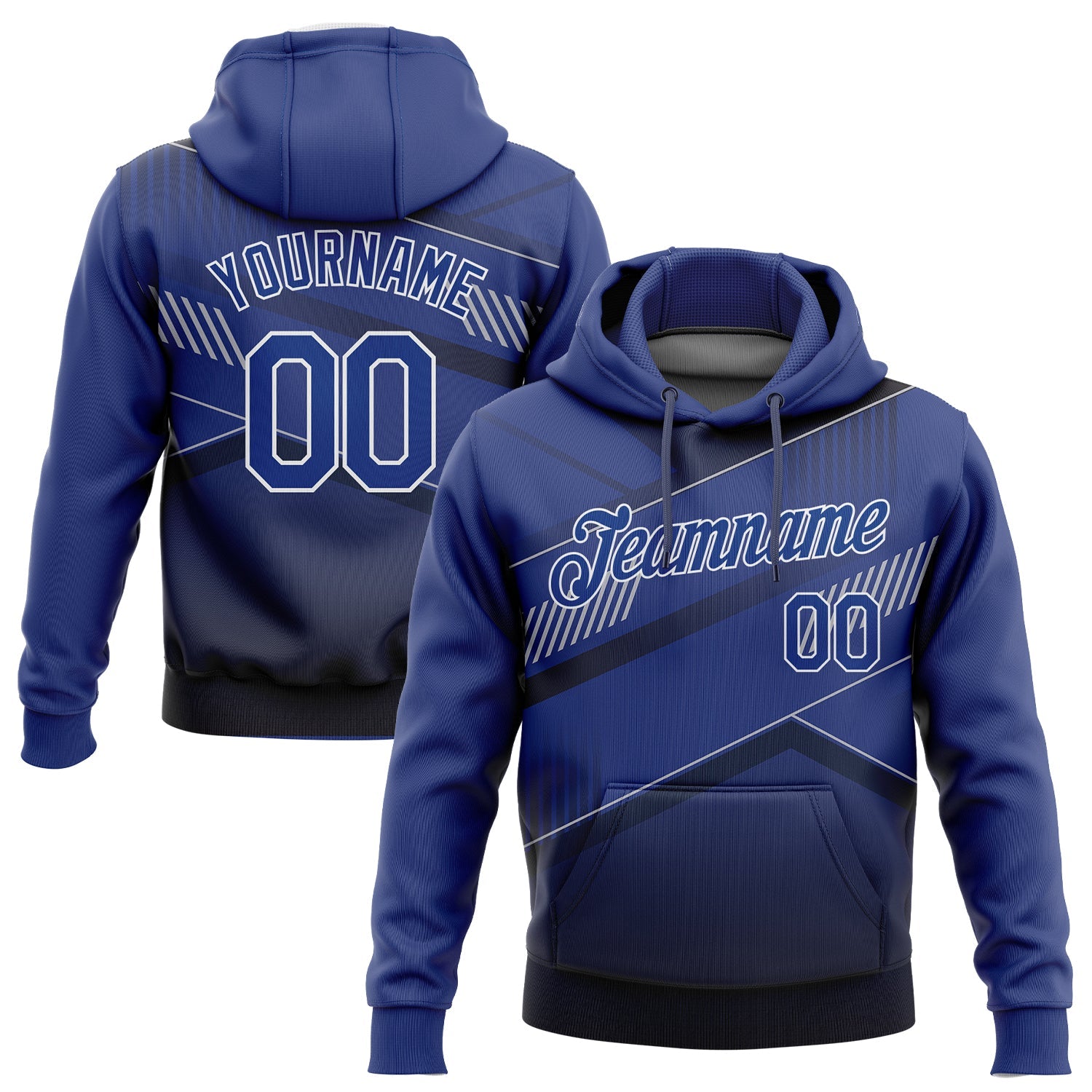 Custom Stitched Black Royal-White 3D Pattern Design Sports Pullover Sweatshirt Hoodie - Main View