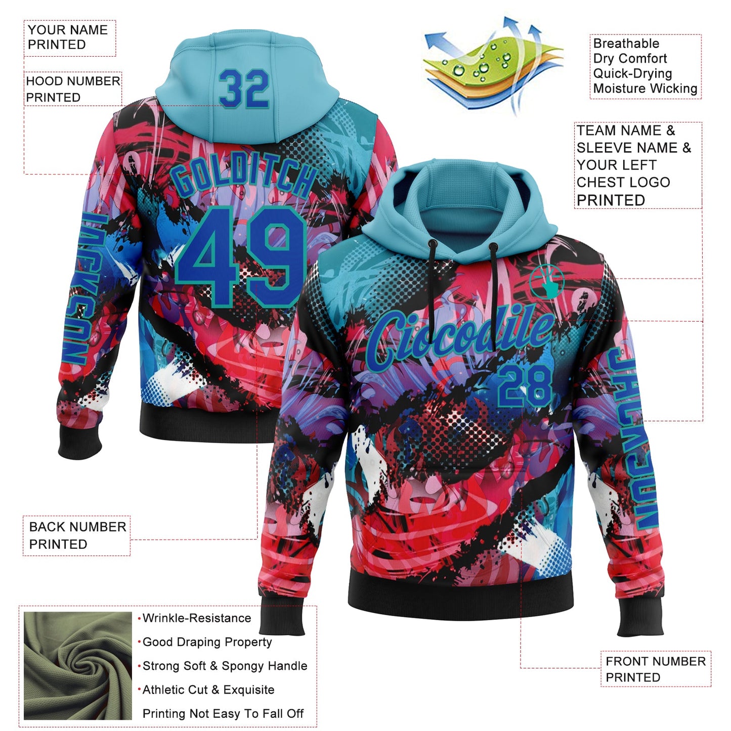 Custom Black Thunder Blue Red-Aqua 3D Abstract Flame Sports Pullover Sweatshirt Hoodie view 2