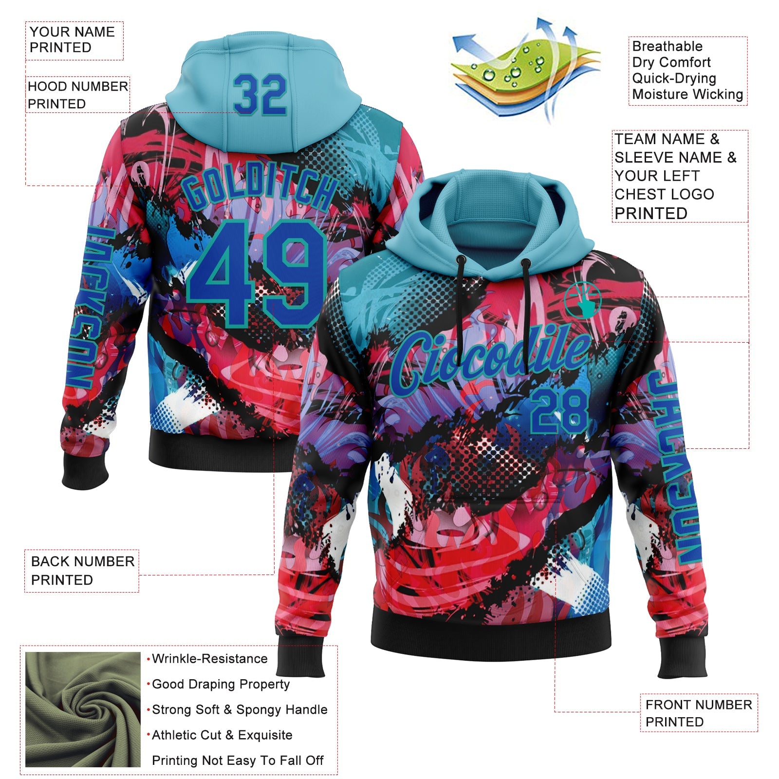 Custom Black Thunder Blue Red-Aqua 3D Abstract Flame Sports Pullover Sweatshirt Hoodie view 2