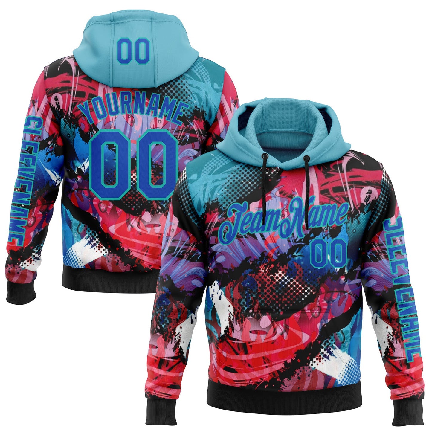 Custom Black Thunder Blue Red-Aqua 3D Abstract Flame Sports Pullover Sweatshirt Hoodie - Main View