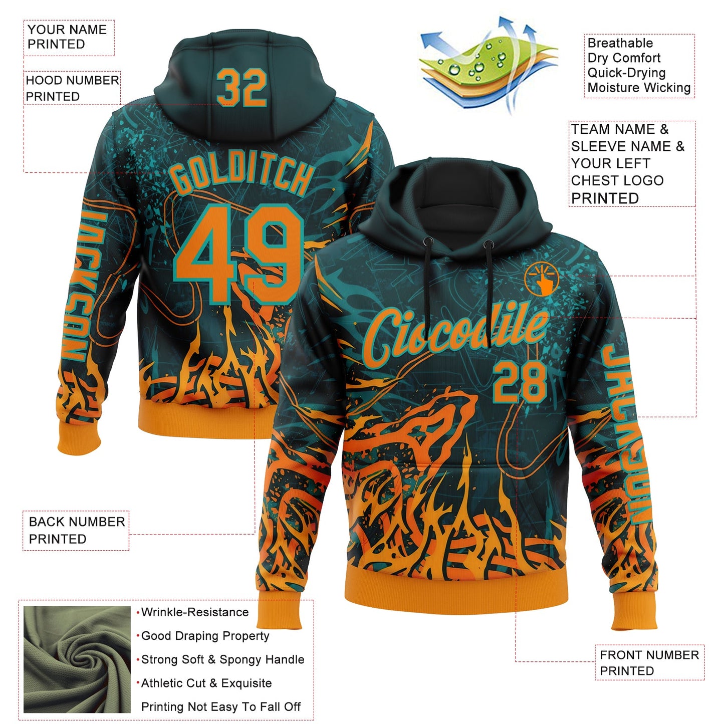 Custom Green Bay Orange-Aqua 3D Abstract Flame Sports Pullover Sweatshirt Hoodie view 2