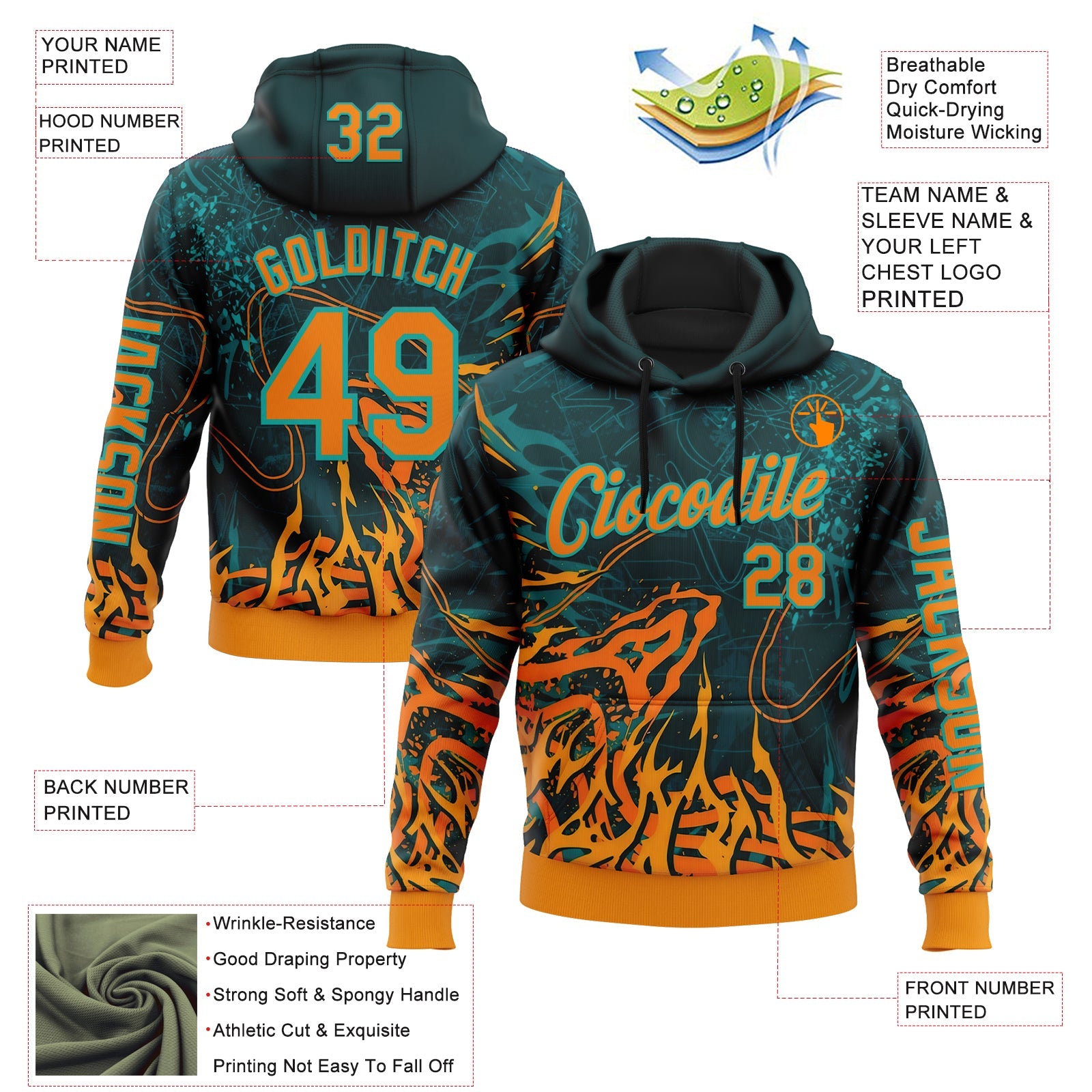 Custom Green Bay Orange-Aqua 3D Abstract Flame Sports Pullover Sweatshirt Hoodie view 2