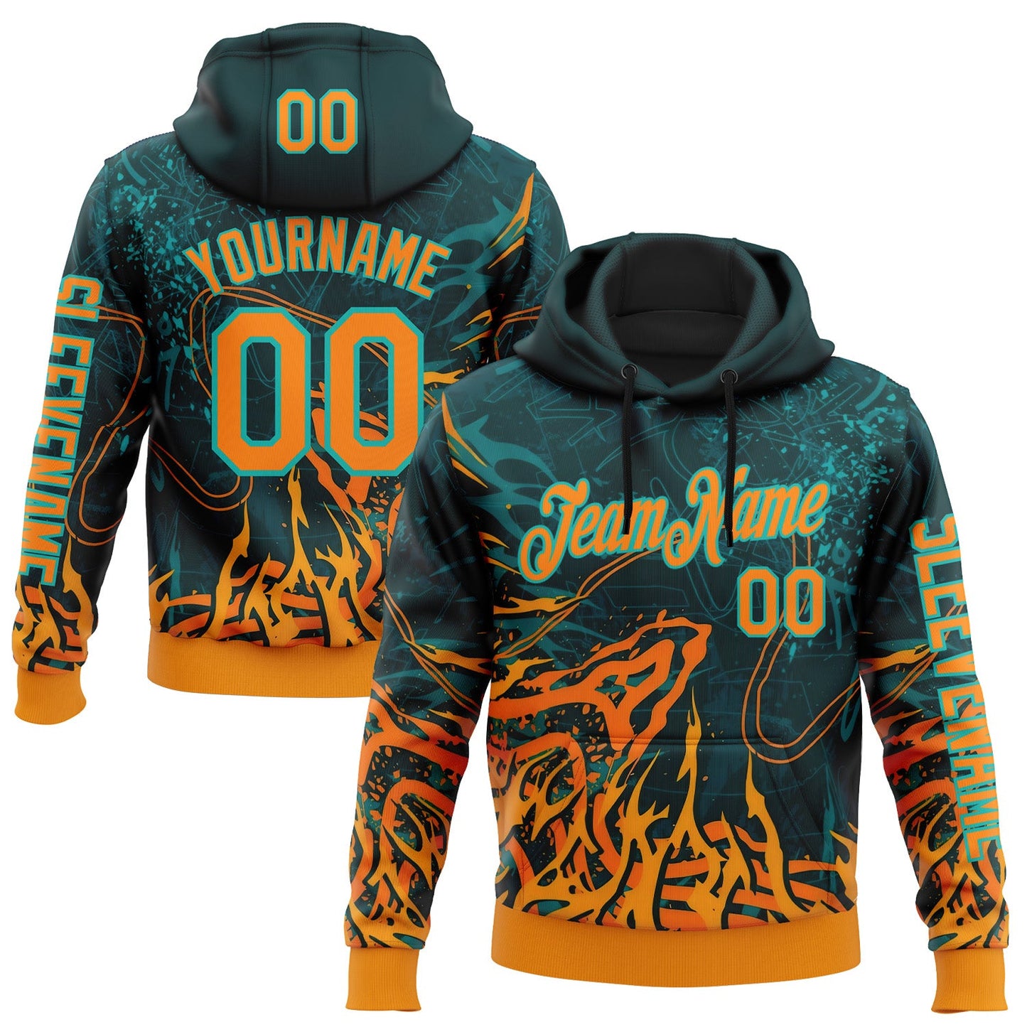 Custom Green Bay Orange-Aqua 3D Abstract Flame Sports Pullover Sweatshirt Hoodie - Main View