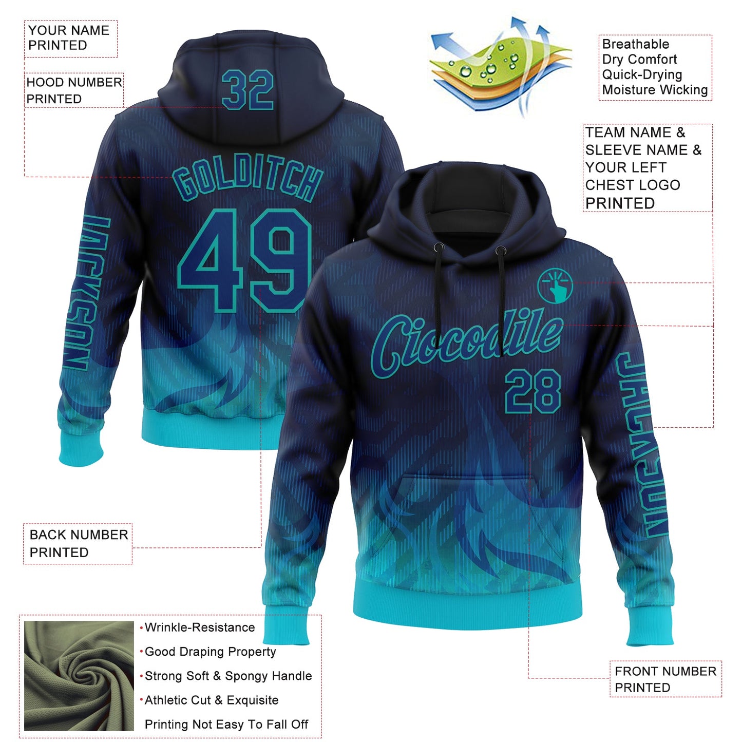 Custom Blue US Navy Blue-Aqua 3D Abstract Flame Sports Pullover Sweatshirt Hoodie view 2
