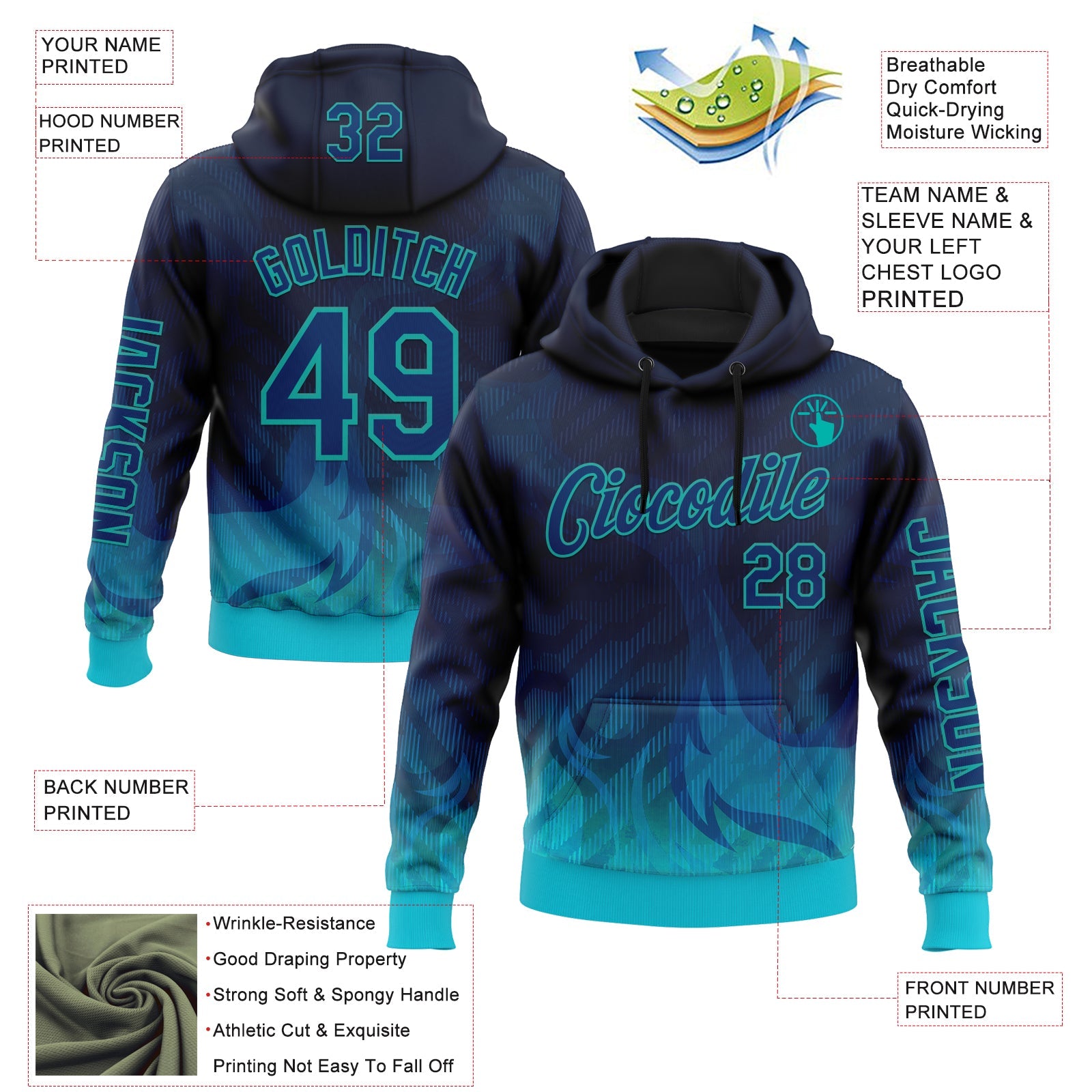 Custom Blue US Navy Blue-Aqua 3D Abstract Flame Sports Pullover Sweatshirt Hoodie view 2