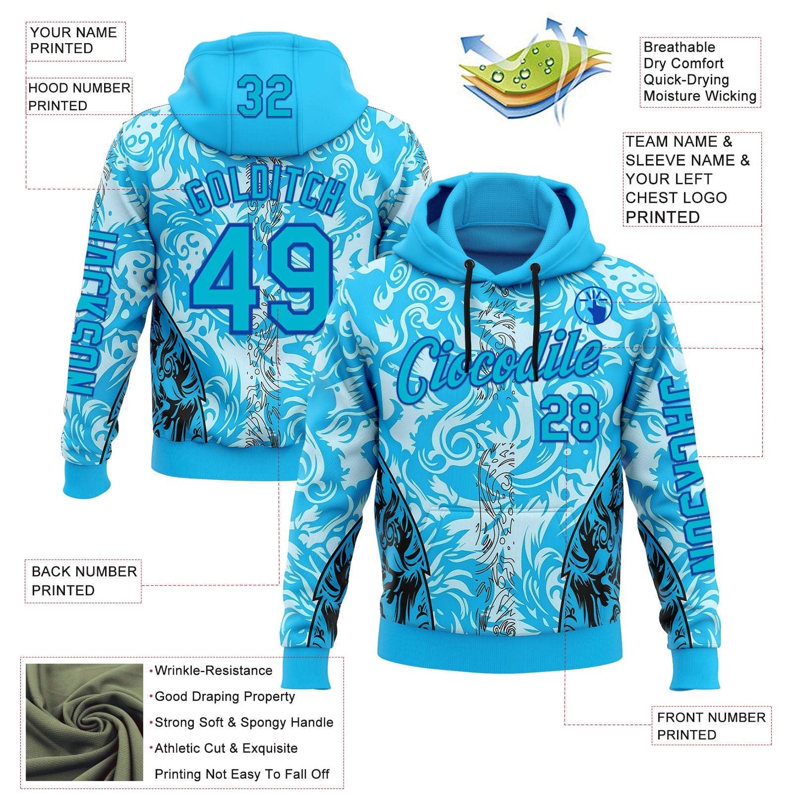 Custom Blue Thunder Blue Black-Lakes Blue 3D Abstract Flame Sports Pullover Sweatshirt Hoodie view 2
