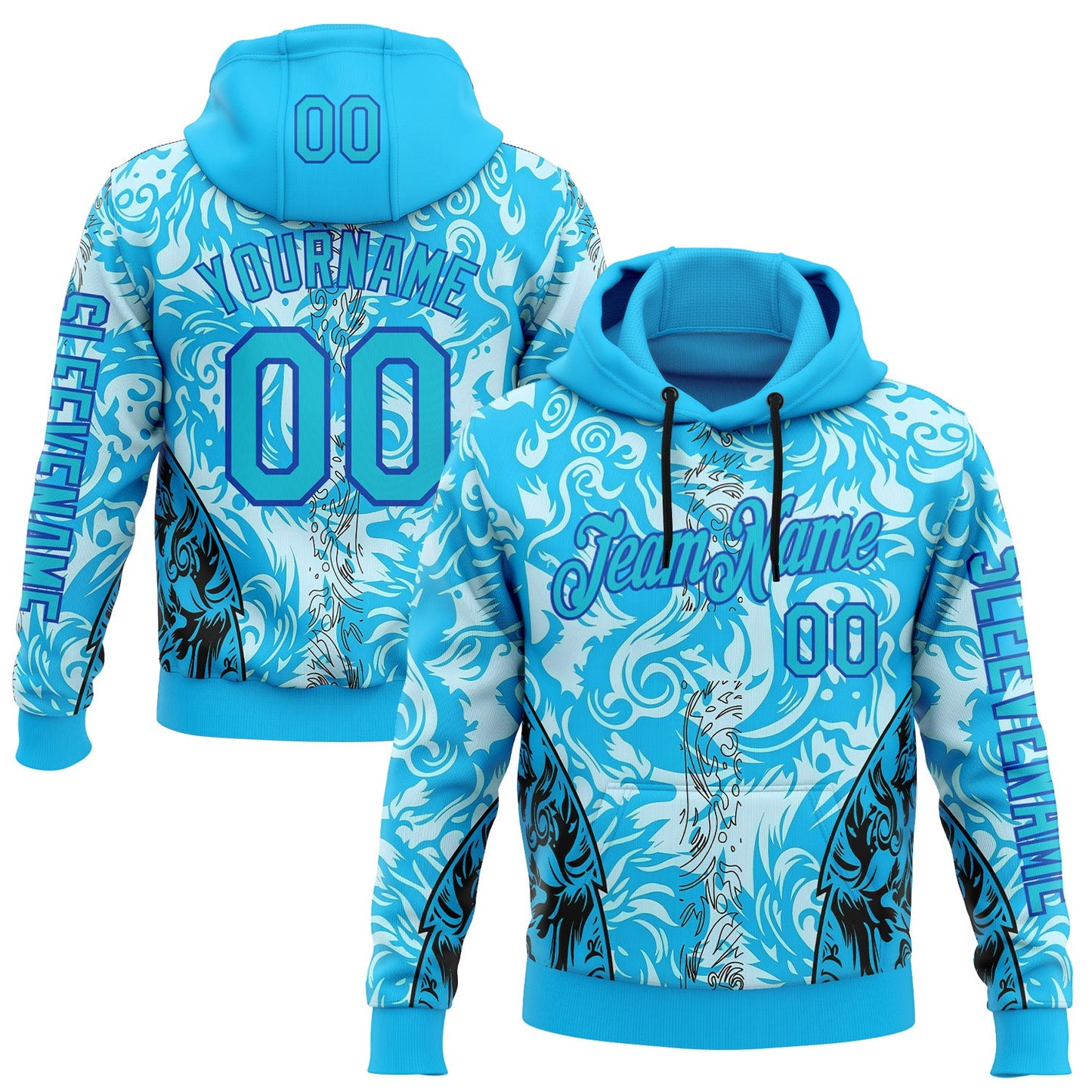 Custom Blue Thunder Blue Black-Lakes Blue 3D Abstract Flame Sports Pullover Sweatshirt Hoodie - Main View