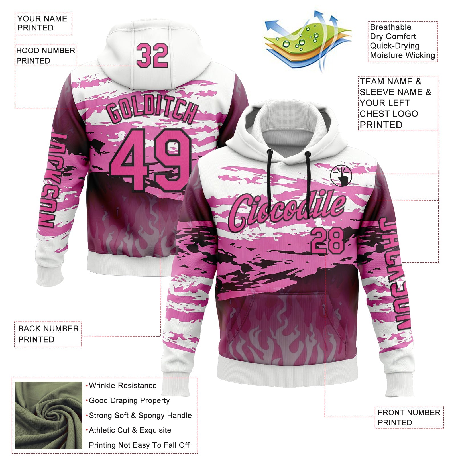 Custom White Pink-Black 3D Abstract Flame Sports Pullover Sweatshirt Hoodie view 2