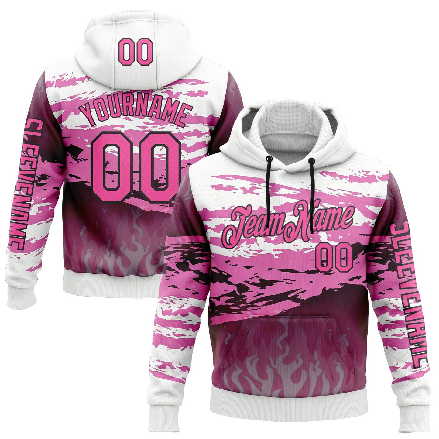Custom White Pink-Black 3D Abstract Flame Sports Pullover Sweatshirt Hoodie - Main View