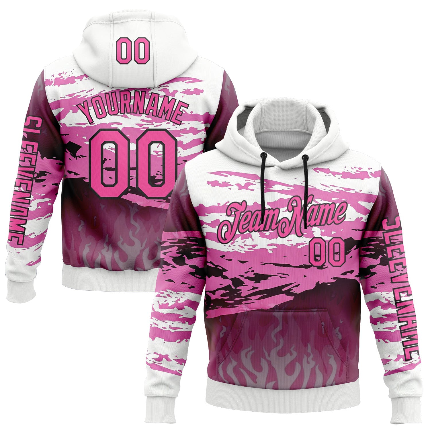 Custom White Pink-Black 3D Abstract Flame Sports Pullover Sweatshirt Hoodie - Main View