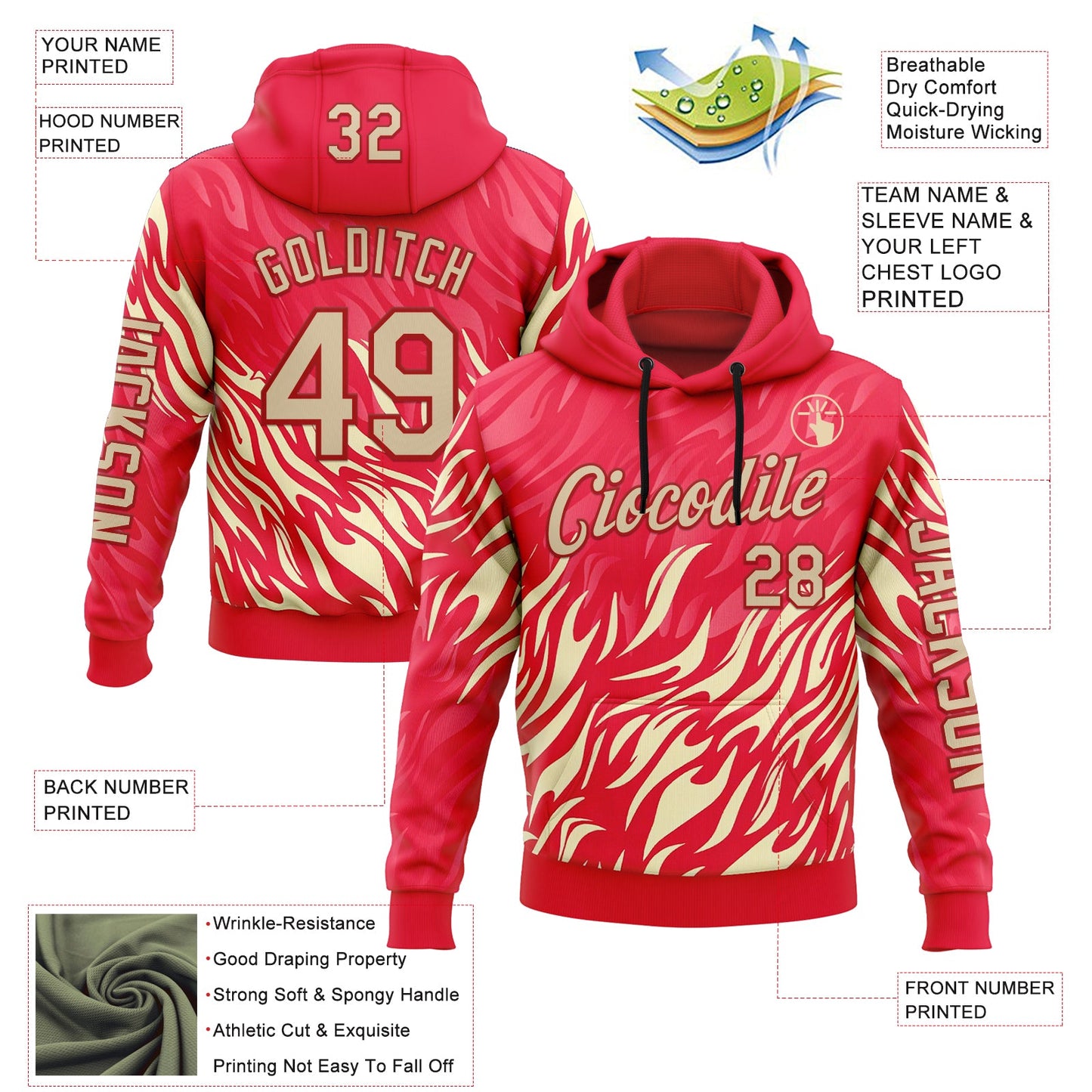 Custom Red City Cream 3D Abstract Flame Sports Pullover Sweatshirt Hoodie view 2