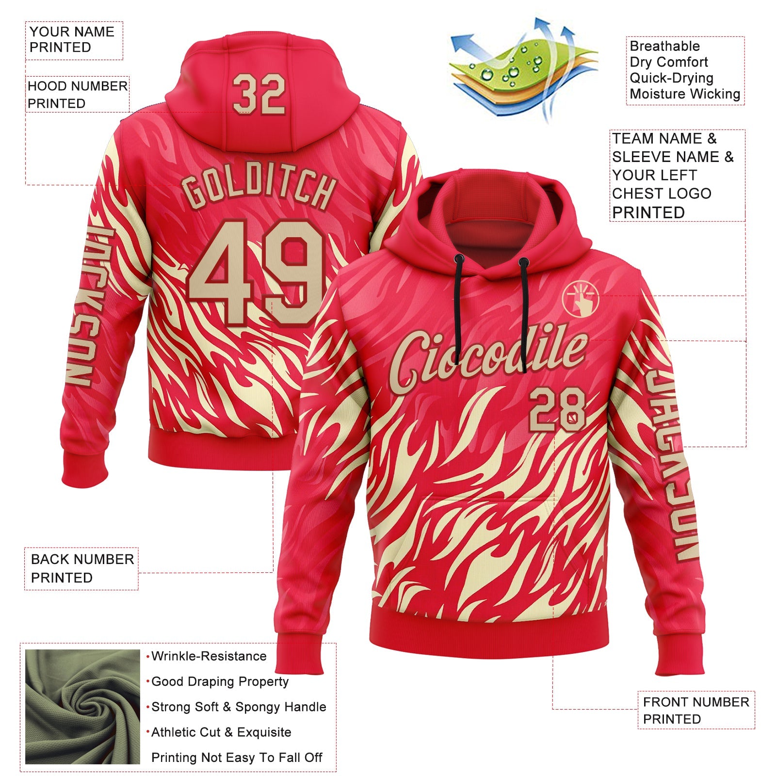 Custom Red City Cream 3D Abstract Flame Sports Pullover Sweatshirt Hoodie view 2