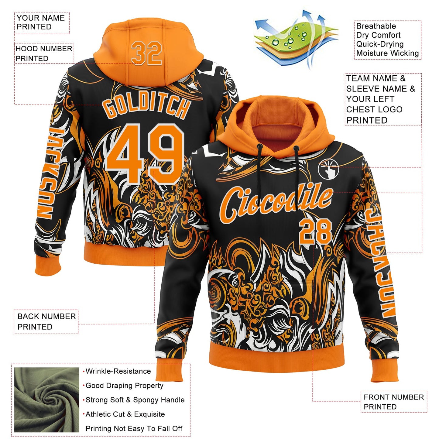 Custom Black Bay Orange-White 3D Abstract Flame Sports Pullover Sweatshirt Hoodie view 2