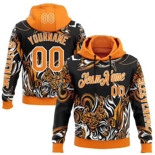 Custom Black Bay Orange-White 3D Abstract Flame Sports Pullover Sweatshirt Hoodie - Main View
