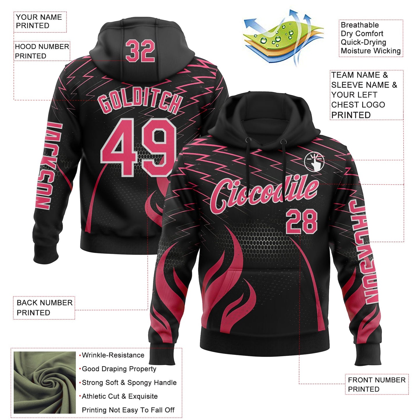 Custom Black Neon Pink-White 3D Abstract Flame Sports Pullover Sweatshirt Hoodie view 2
