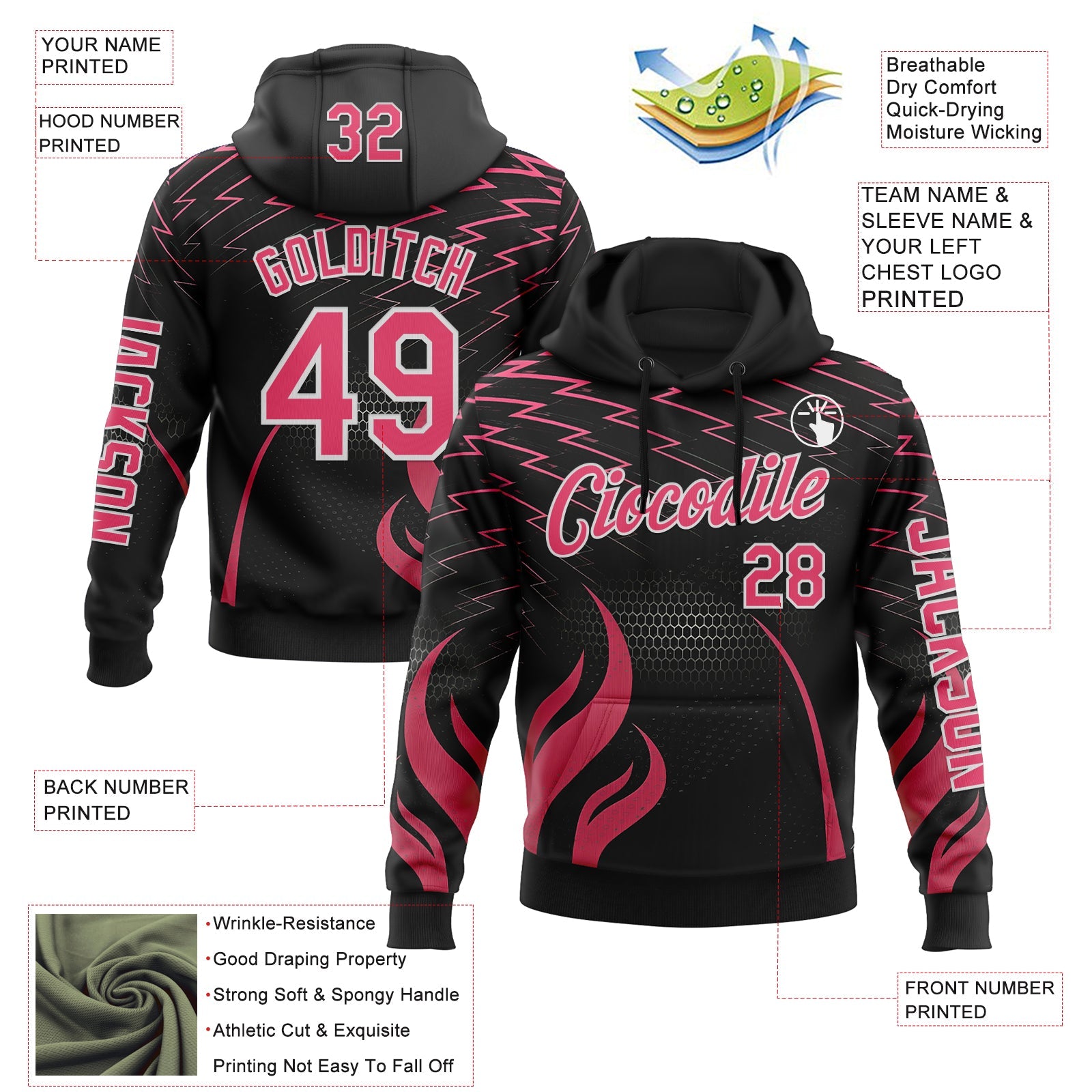 Custom Black Neon Pink-White 3D Abstract Flame Sports Pullover Sweatshirt Hoodie view 2