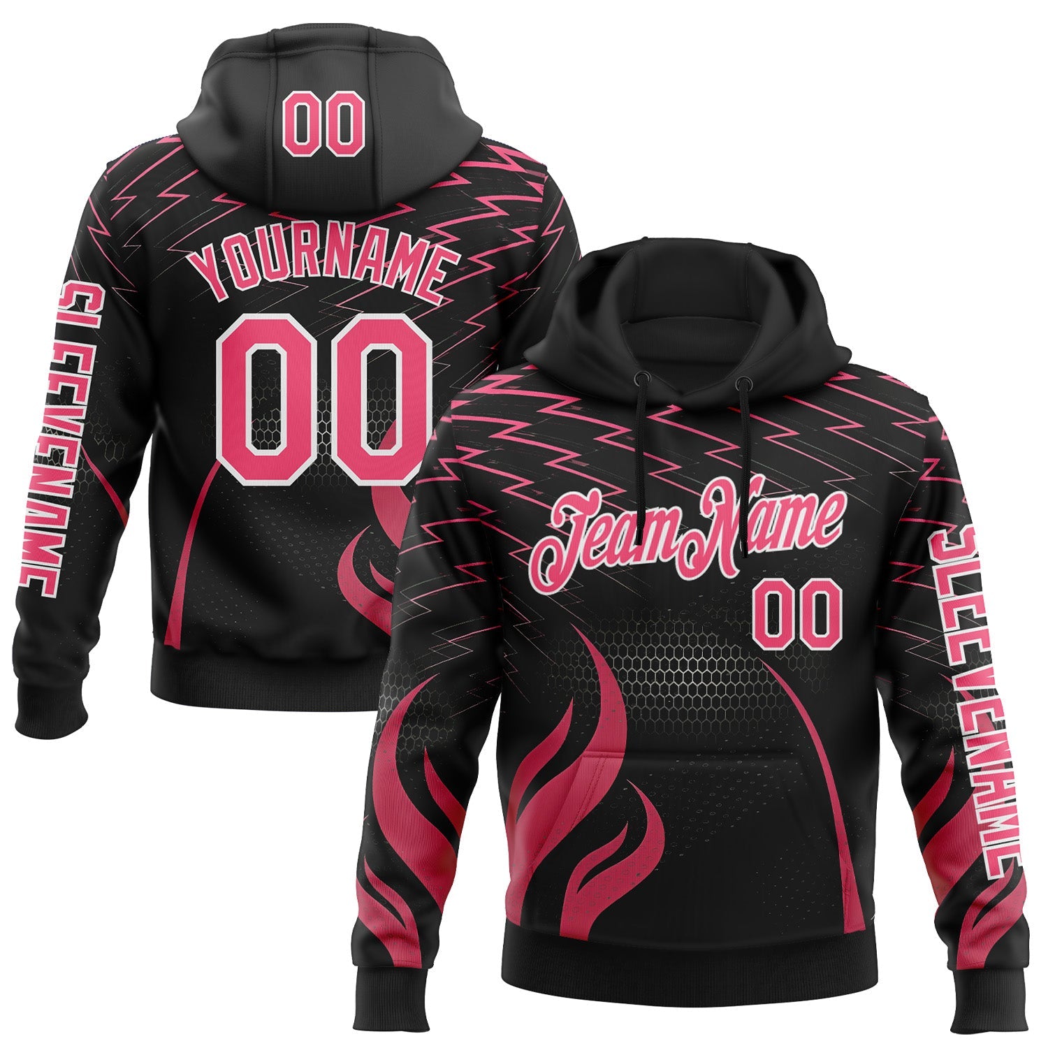 Custom Black Neon Pink-White 3D Abstract Flame Sports Pullover Sweatshirt Hoodie - Main View