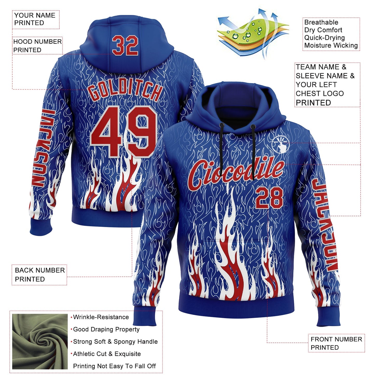 Custom Royal Red-White 3D Abstract Flame Sports Pullover Sweatshirt Hoodie view 2