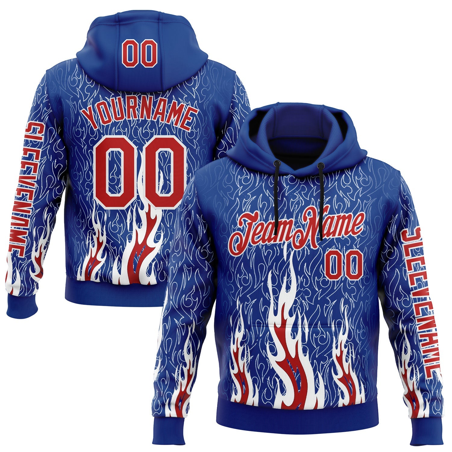 Custom Royal Red-White 3D Abstract Flame Sports Pullover Sweatshirt Hoodie - Main View