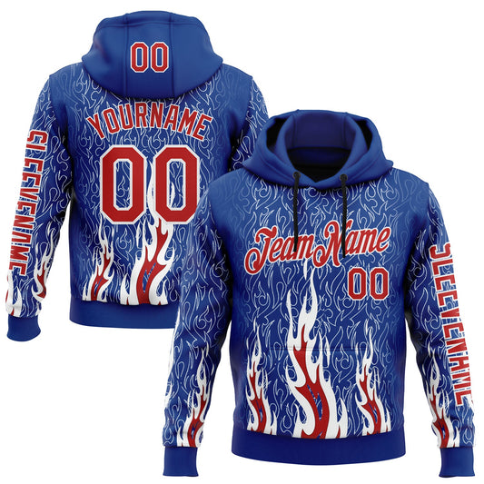 Custom Royal Red-White 3D Abstract Flame Sports Pullover Sweatshirt Hoodie - Main View