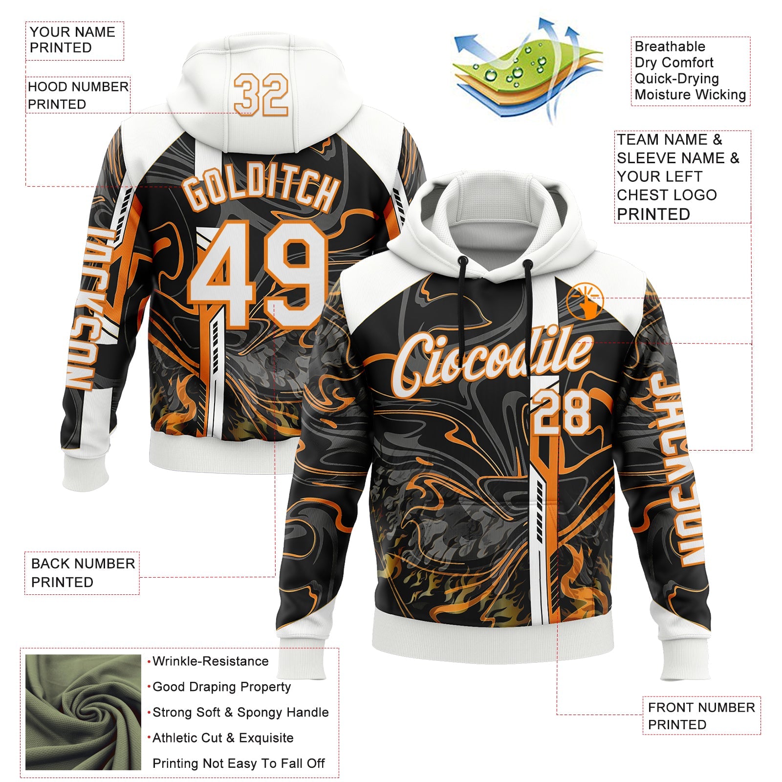 Custom Black White-Bay Orange 3D Abstract Flame Sports Pullover Sweatshirt Hoodie view 2
