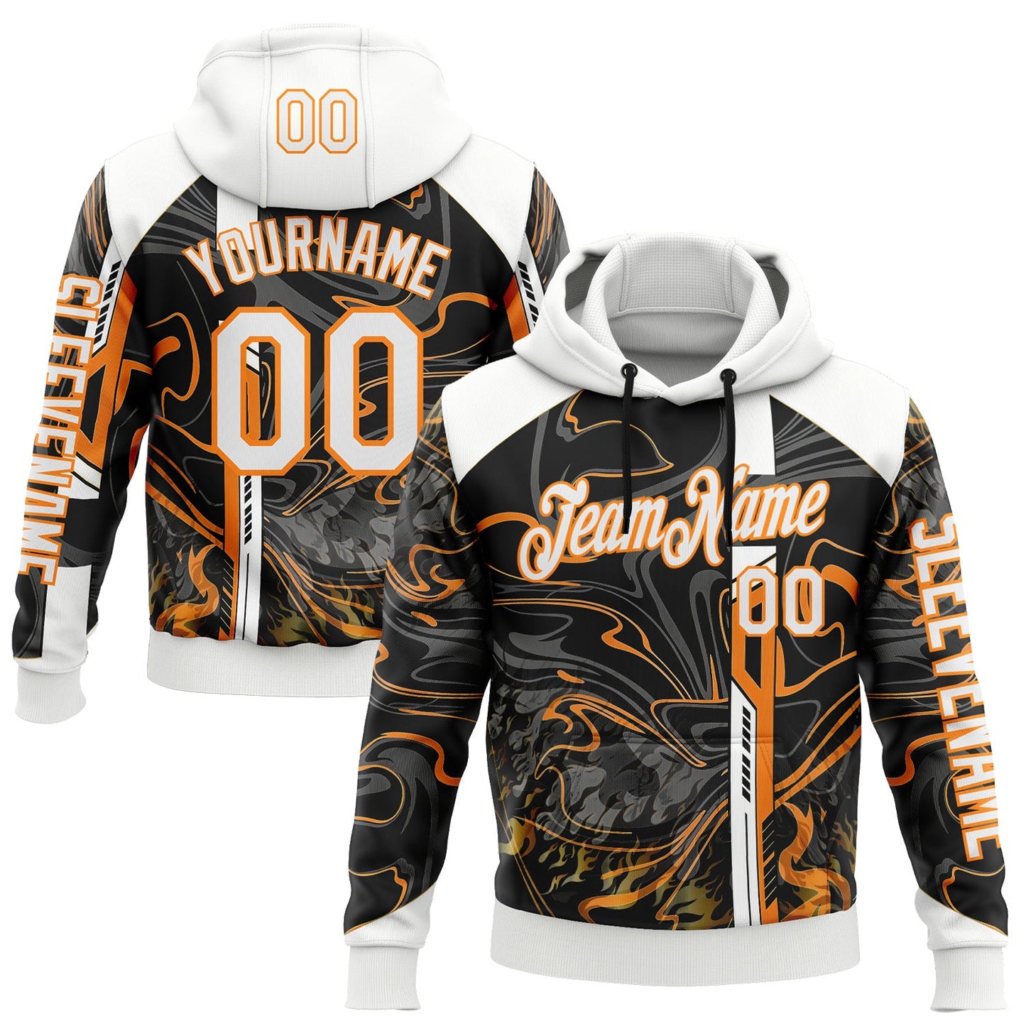 Custom Black White-Bay Orange 3D Abstract Flame Sports Pullover Sweatshirt Hoodie - Main View