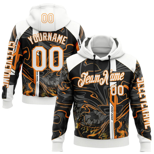 Custom Black White-Bay Orange 3D Abstract Flame Sports Pullover Sweatshirt Hoodie - Main View