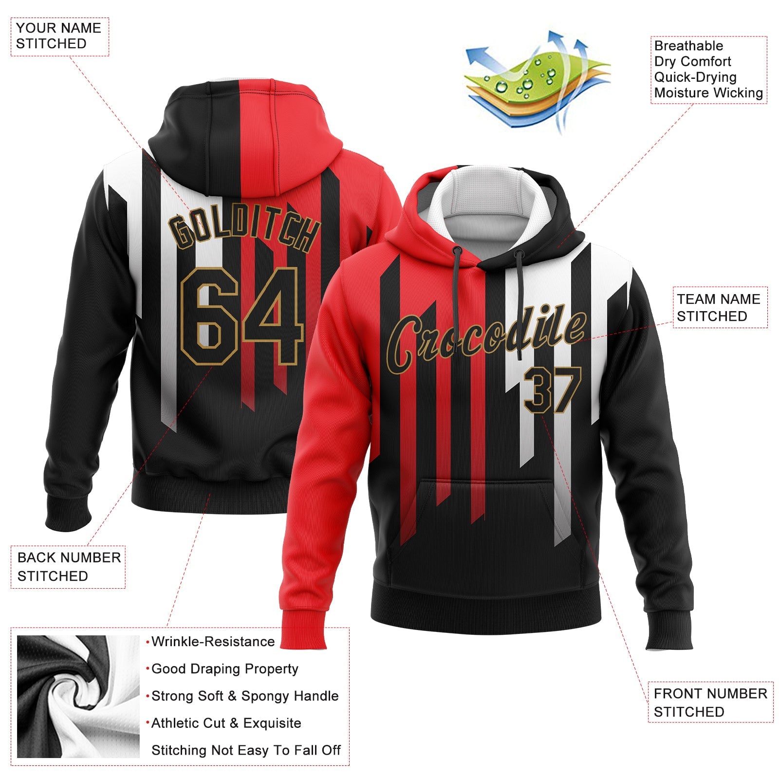 Custom Stitched Red Black Old Gold-White 3D Pattern Design Sports Pullover Sweatshirt Hoodie view 2