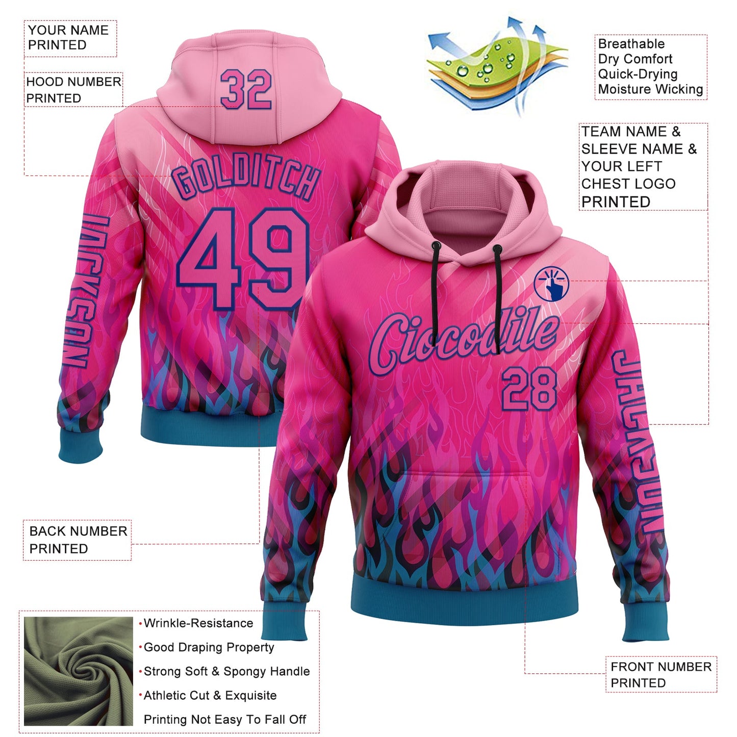 Custom Pink Blue-Royal 3D Abstract Flame Sports Pullover Sweatshirt Hoodie view 2