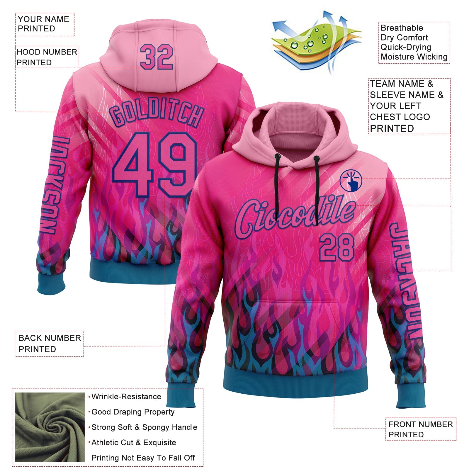 Custom Pink Blue-Royal 3D Abstract Flame Sports Pullover Sweatshirt Hoodie view 2