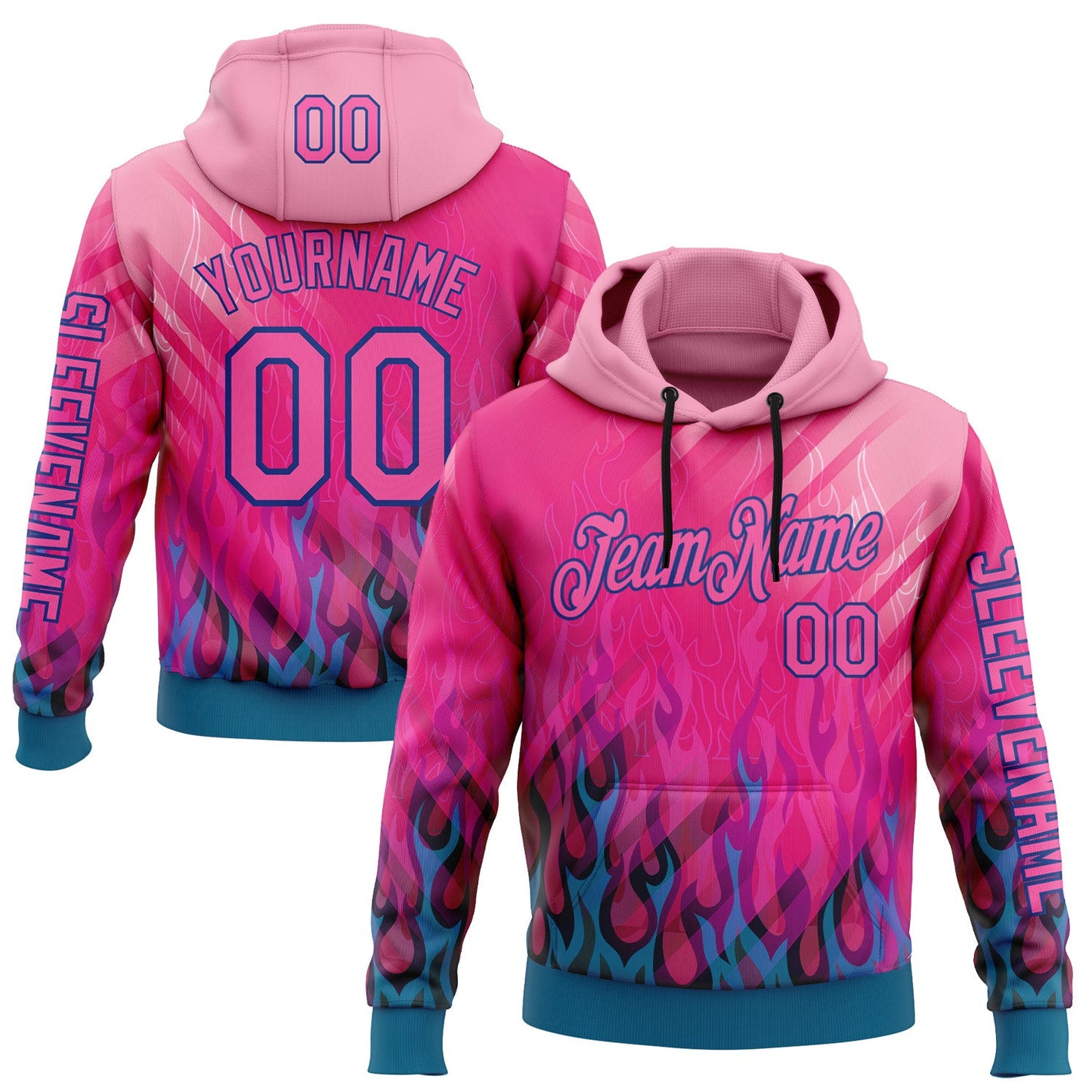 Custom Pink Blue-Royal 3D Abstract Flame Sports Pullover Sweatshirt Hoodie - Main View