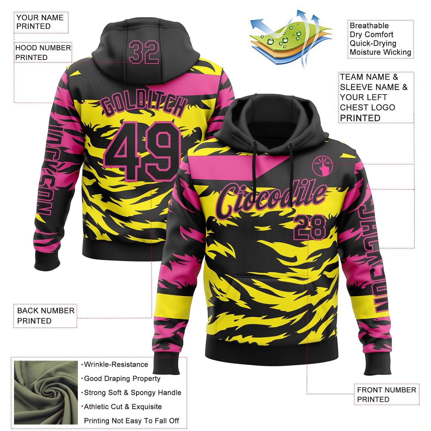 Custom Black Light Yellow-Pink 3D Abstract Flame Sports Pullover Sweatshirt Hoodie view 2