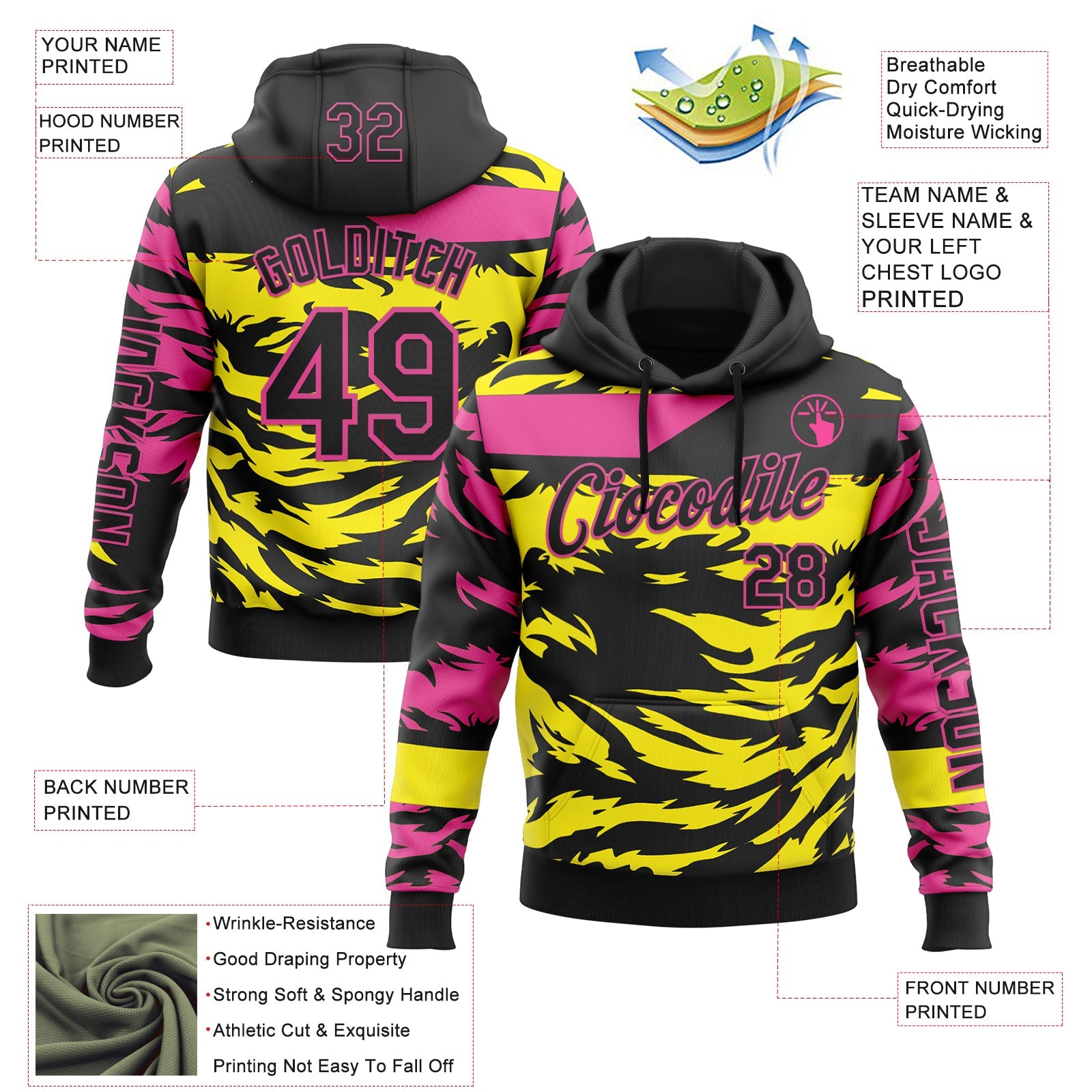 Custom Black Light Yellow-Pink 3D Abstract Flame Sports Pullover Sweatshirt Hoodie view 2