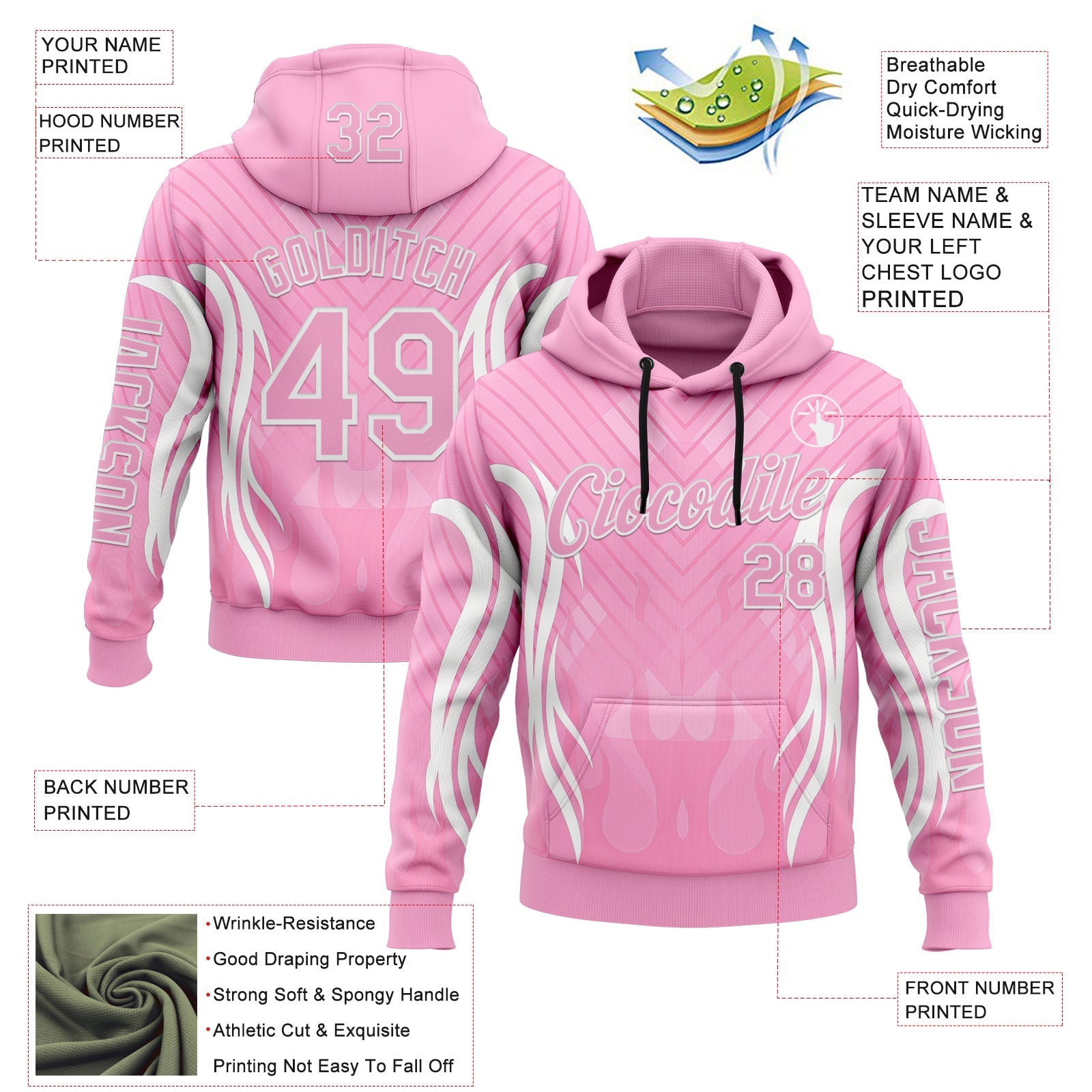 Custom Light Pink White 3D Abstract Flame Sports Pullover Sweatshirt Hoodie view 2