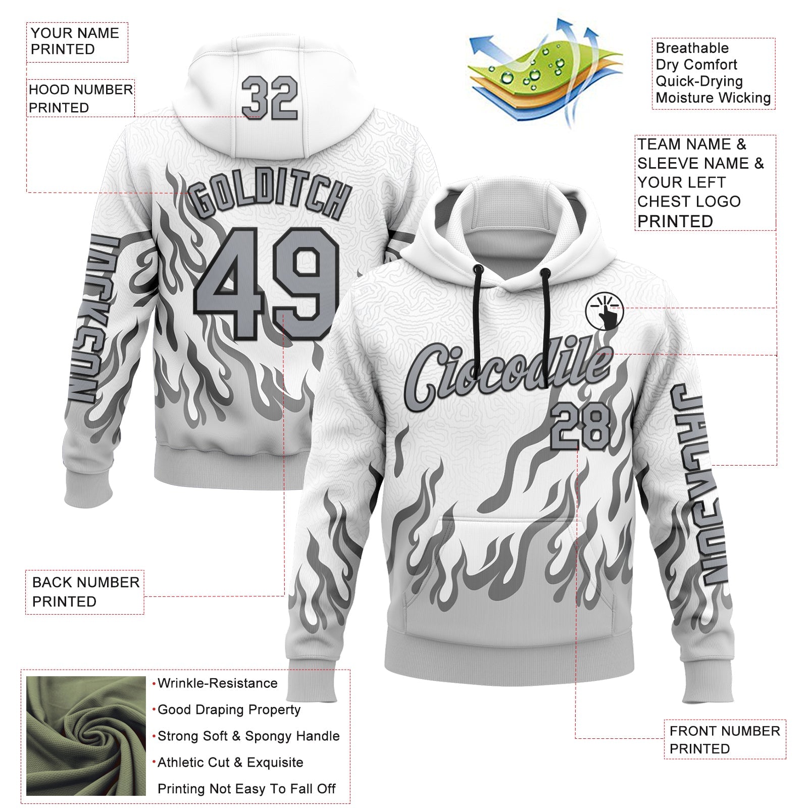 Custom White Gray-Black 3D Abstract Flame Sports Pullover Sweatshirt Hoodie view 2